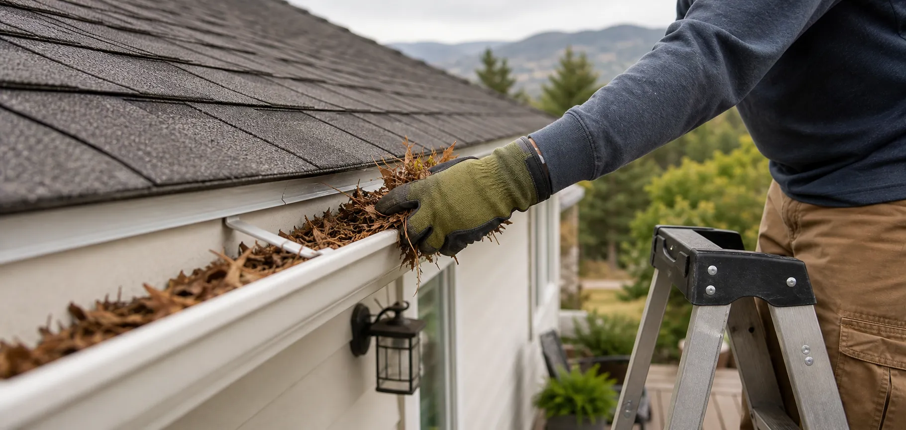 Clearing leaves and debris from a roof gutter while standing on a ladder.