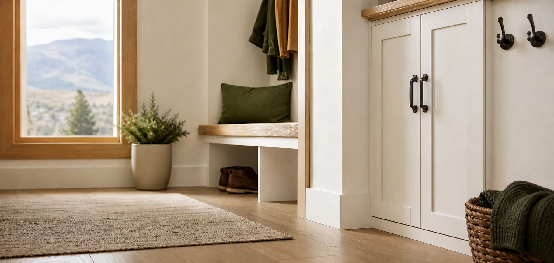 A bright, freshly finished entryway with clean white trim and cabinetry.