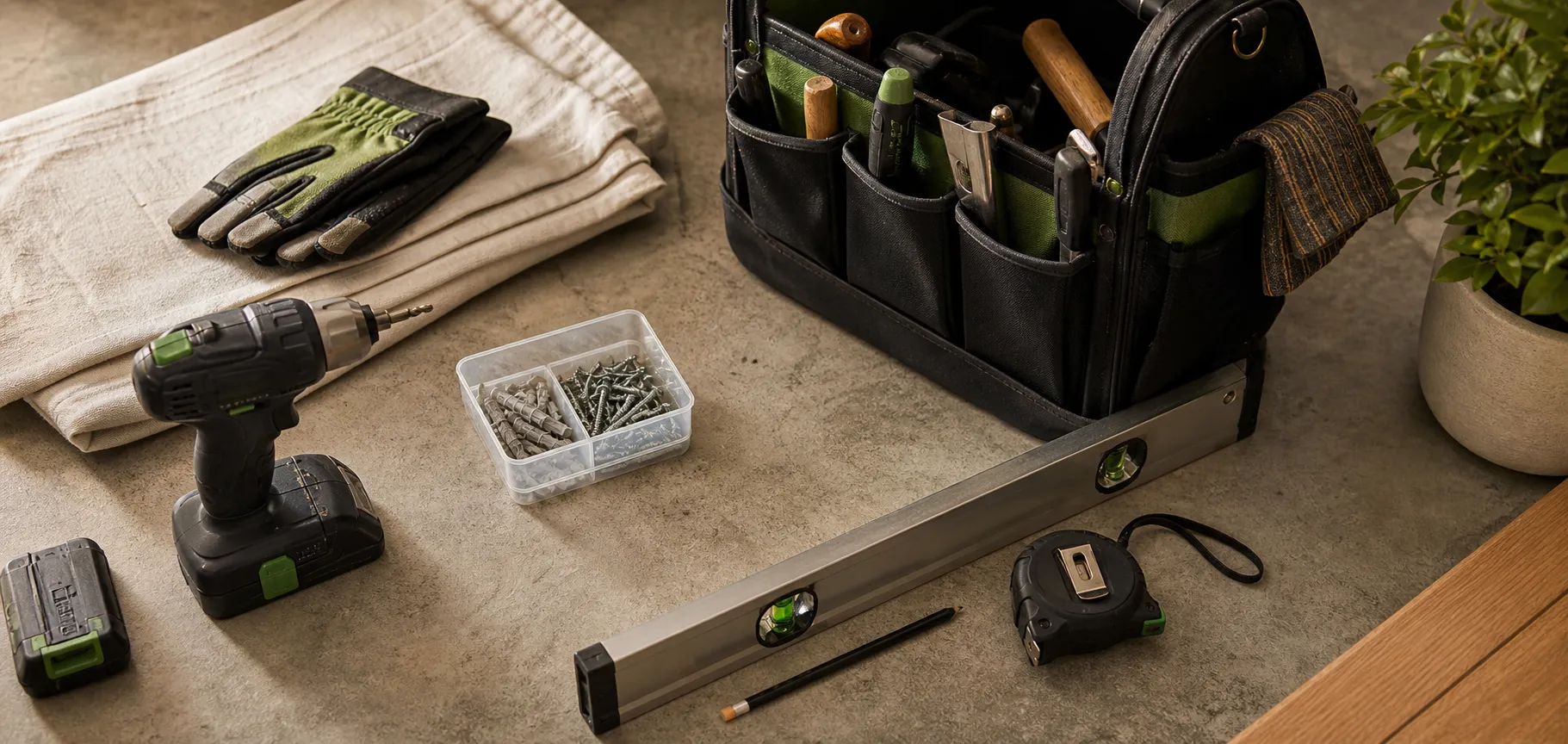 Rylan's cordless drill, level, gloves and tool bag laid out before a job.
