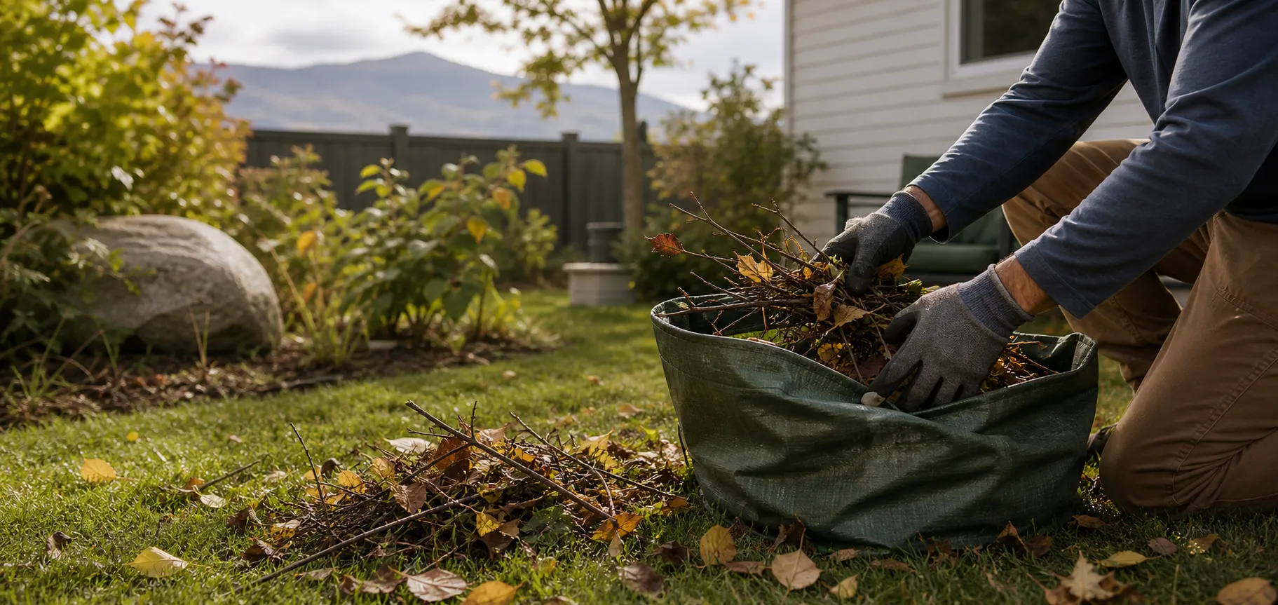 Raking fallen leaves into a garden bag during a Vernon yard cleanup.